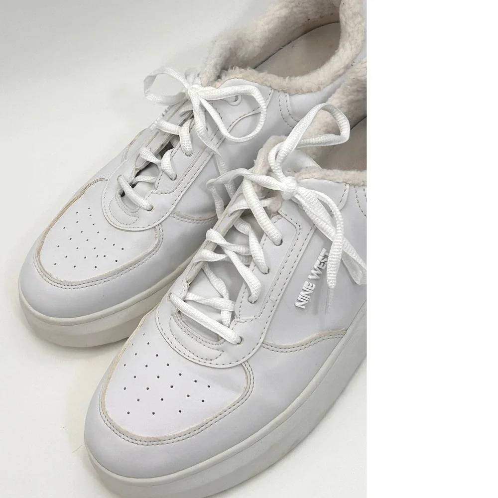 Nine West Womens Cuddly Lace Up Sneakers Size 11 White Lined Leather Look